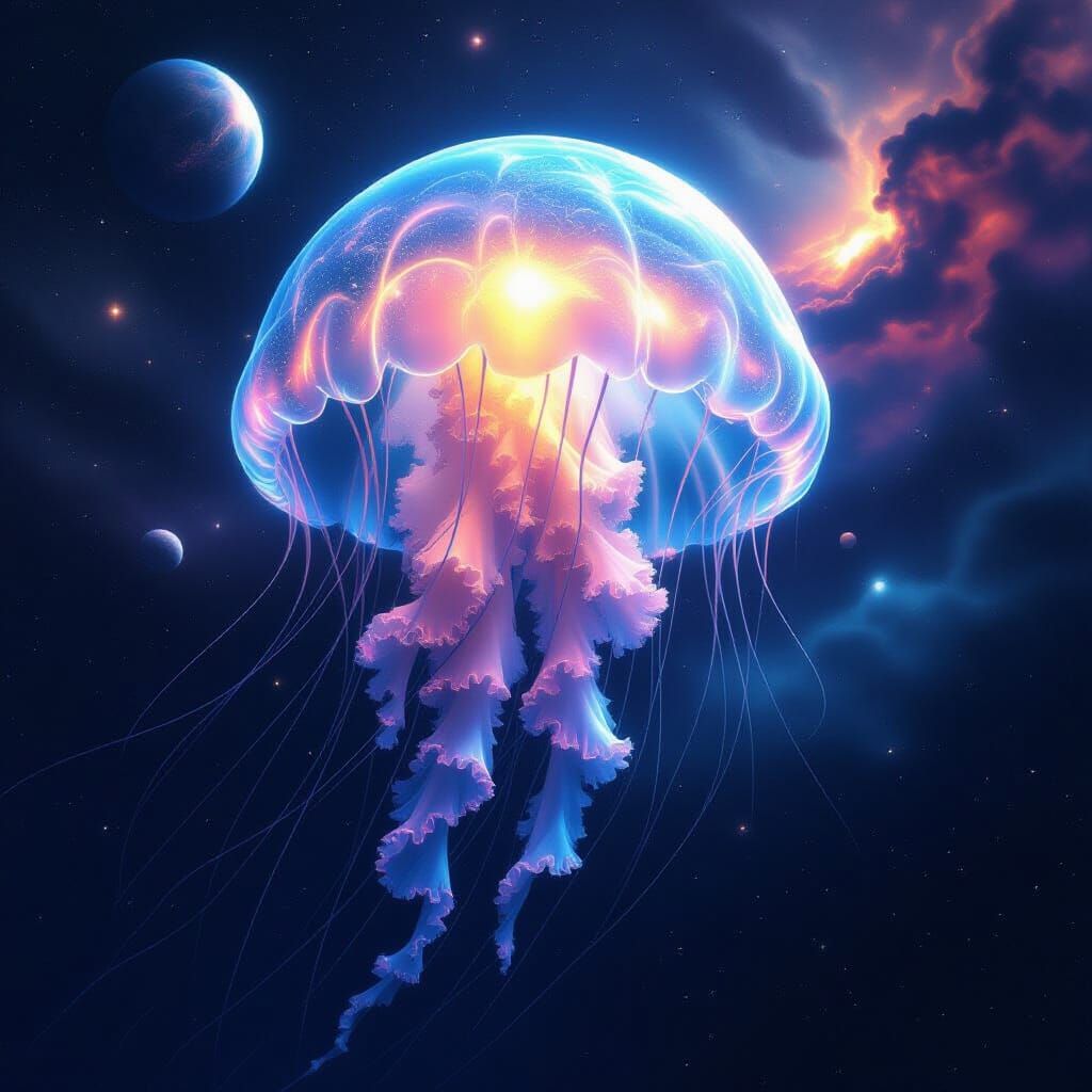 Bioluminescent Jellyfish Floating in Space as Digital Painti...