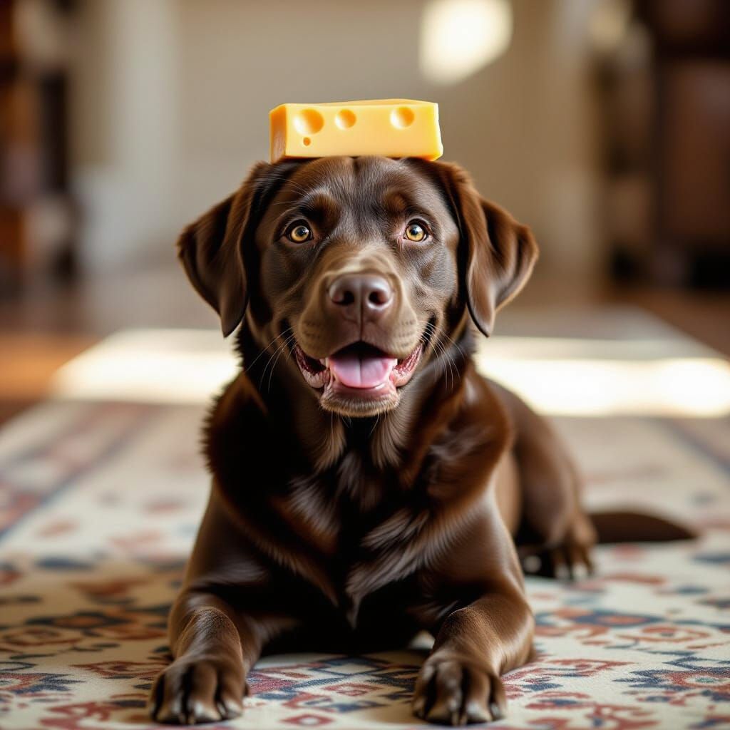 Happy Labrador Dog with Cheese on Head