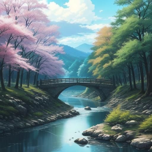 Anime River Landscape in Japanese Manga Style