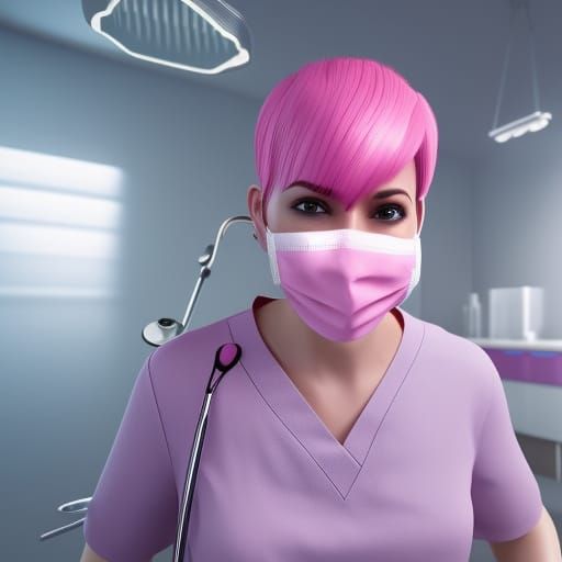 Pink-Haired Dentist in 3D Game Cinematic Style