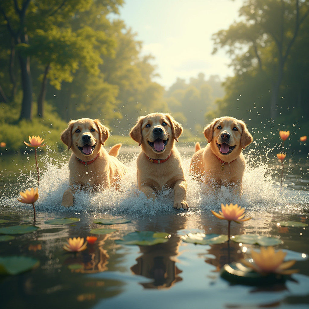 Labs Playing in Lake: Matte Painting Style