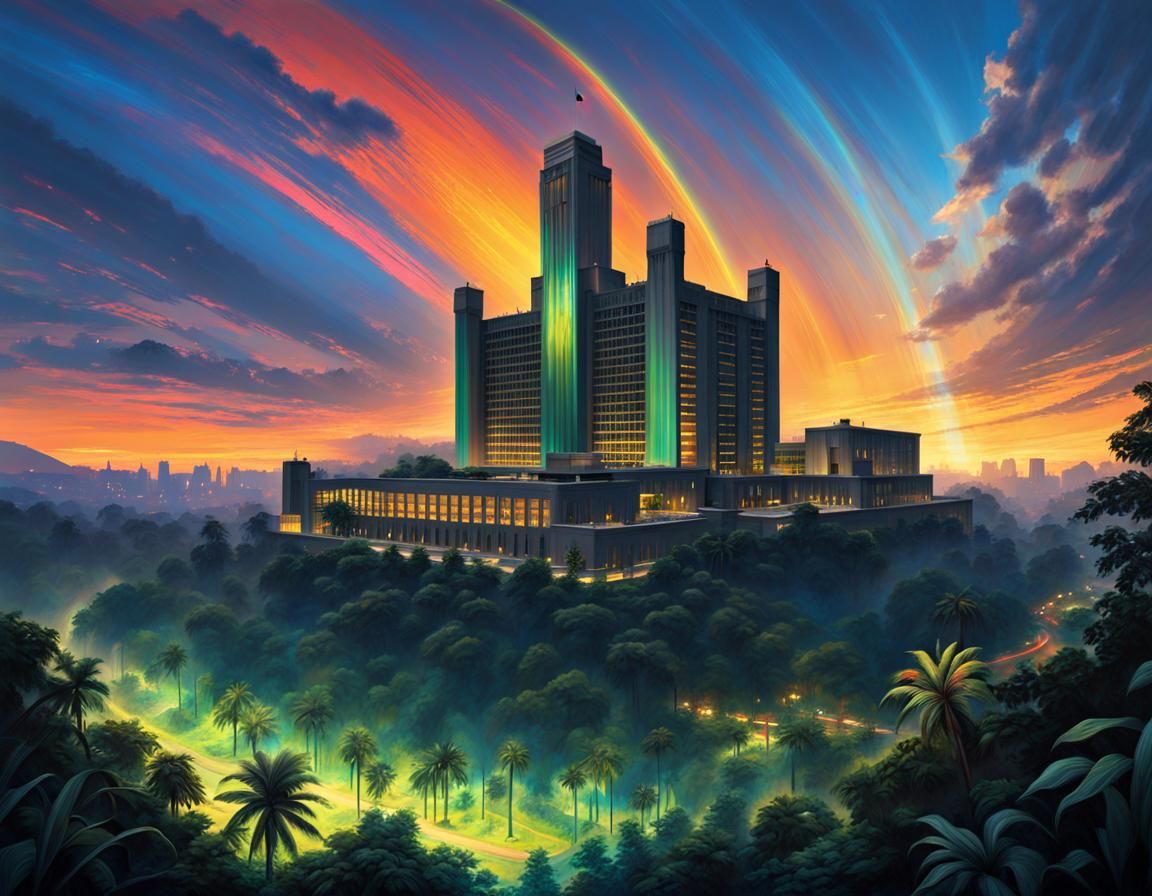 Surreal Jungle Parliament Under Bronze Sky