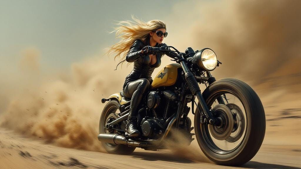 Dieselpunk Biker Woman on Motorcycle