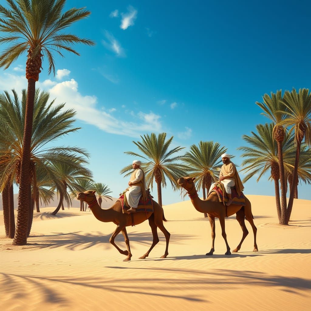 Camel Riders in a Desert Oasis