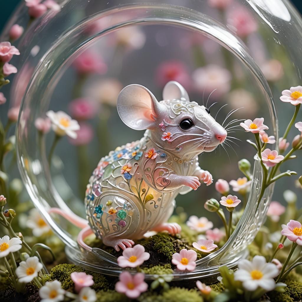 Delicate Glass Mouse Figurine in Flower Terrarium
