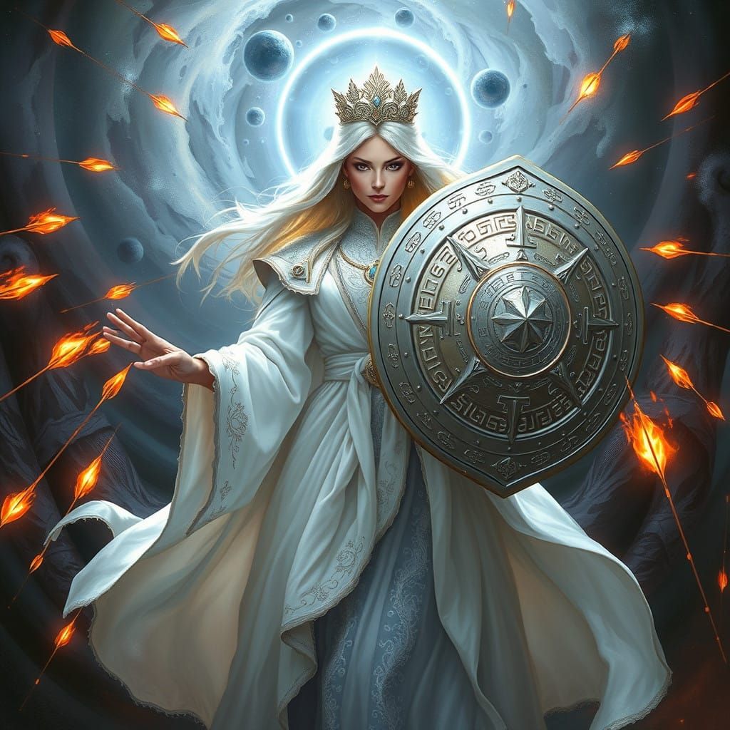 Regal White Priestess Defends Against Flaming Arrows in Myst...