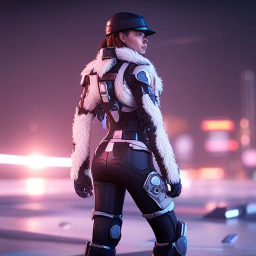 Futuristic Female Cop in Fur Coat