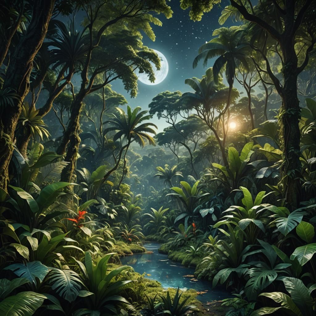 Magic Realism Jungle Landscape with Exotic Wildlife