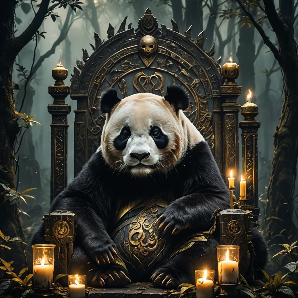 Pandas on Throne in Mystical Forest: Dark Fantasy