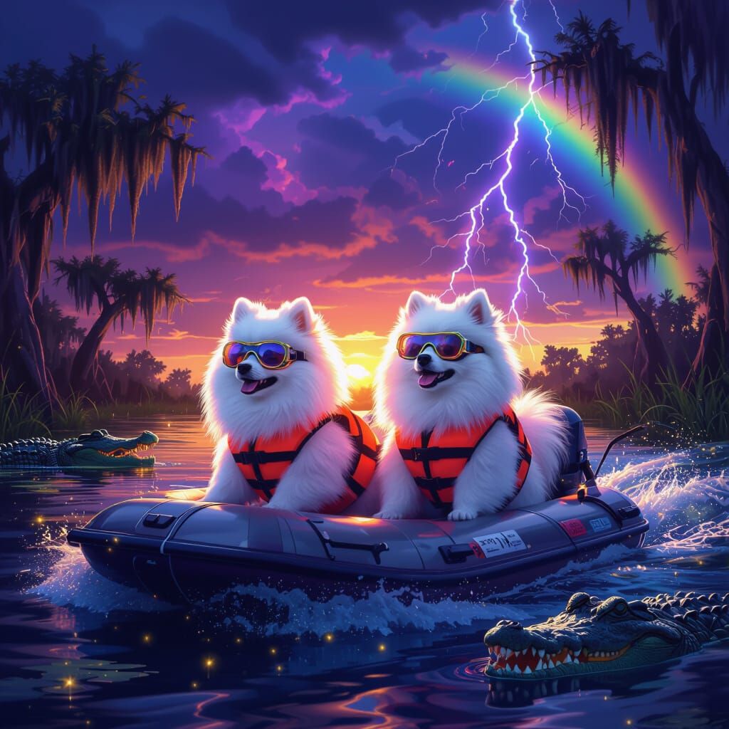 Pomeranians in Airboat with Gators in Everglades Storm