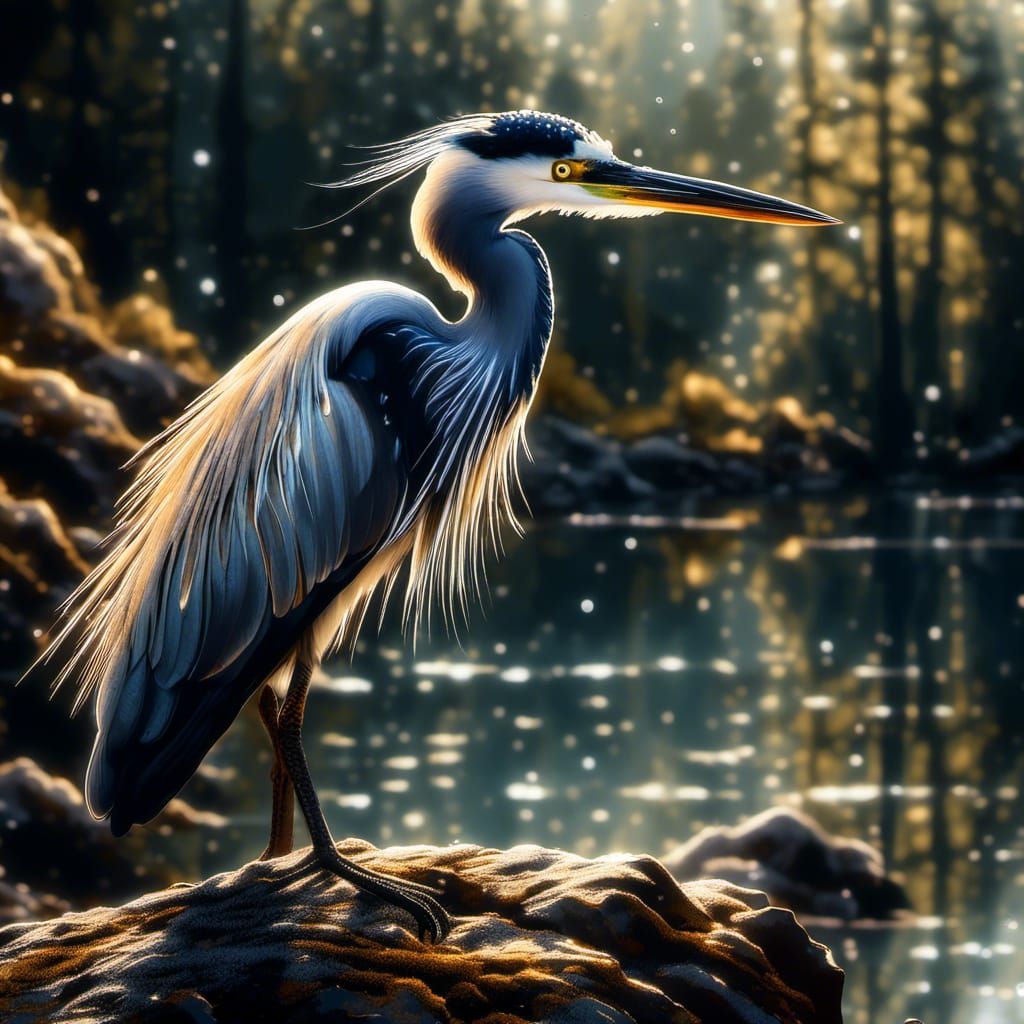 Tricolored Heron on Rocky Coast in Mixed Media