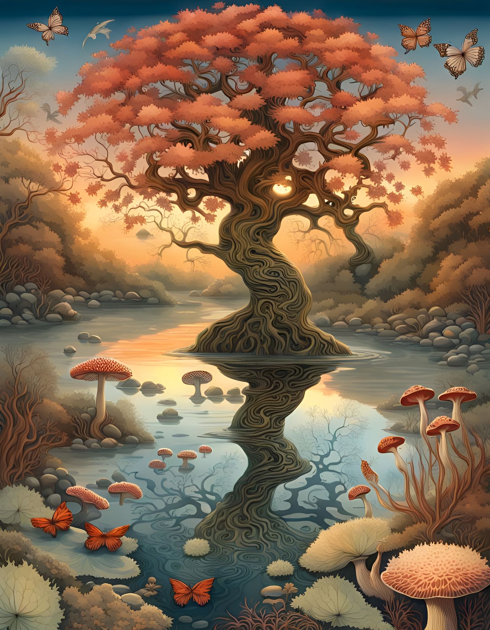 Cosmic Tree of Life: Surreal Watercolor Landscape