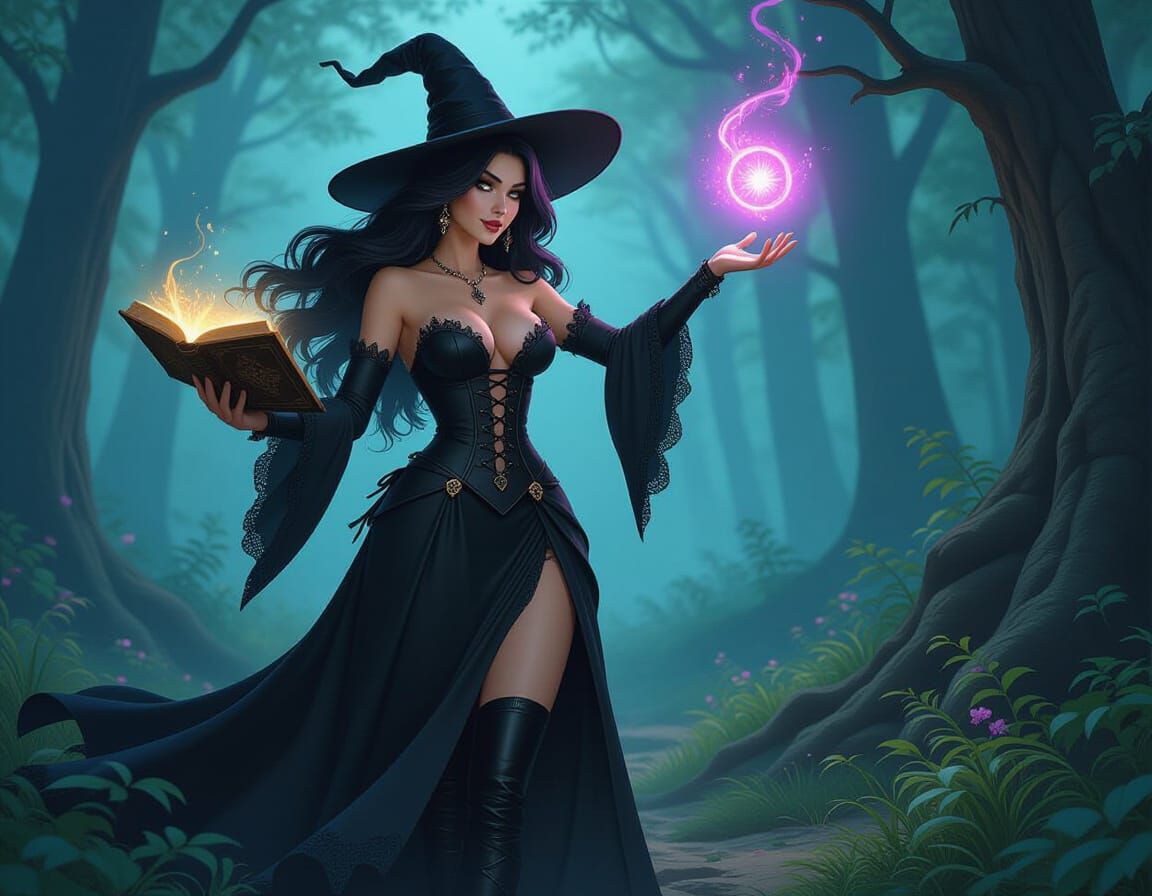 Voluptuous Witch Casting a Spell in Forest Clearing