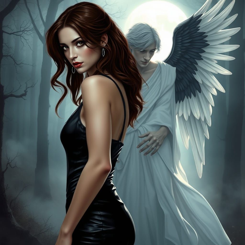 Ethereal Vampire Goddess in Moonlit Forest with Angelic Comp...