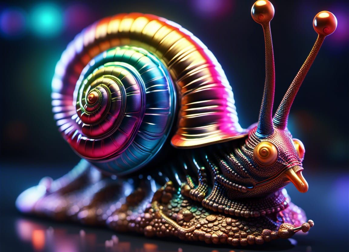 Holographic Metal Snail with Neon Glow