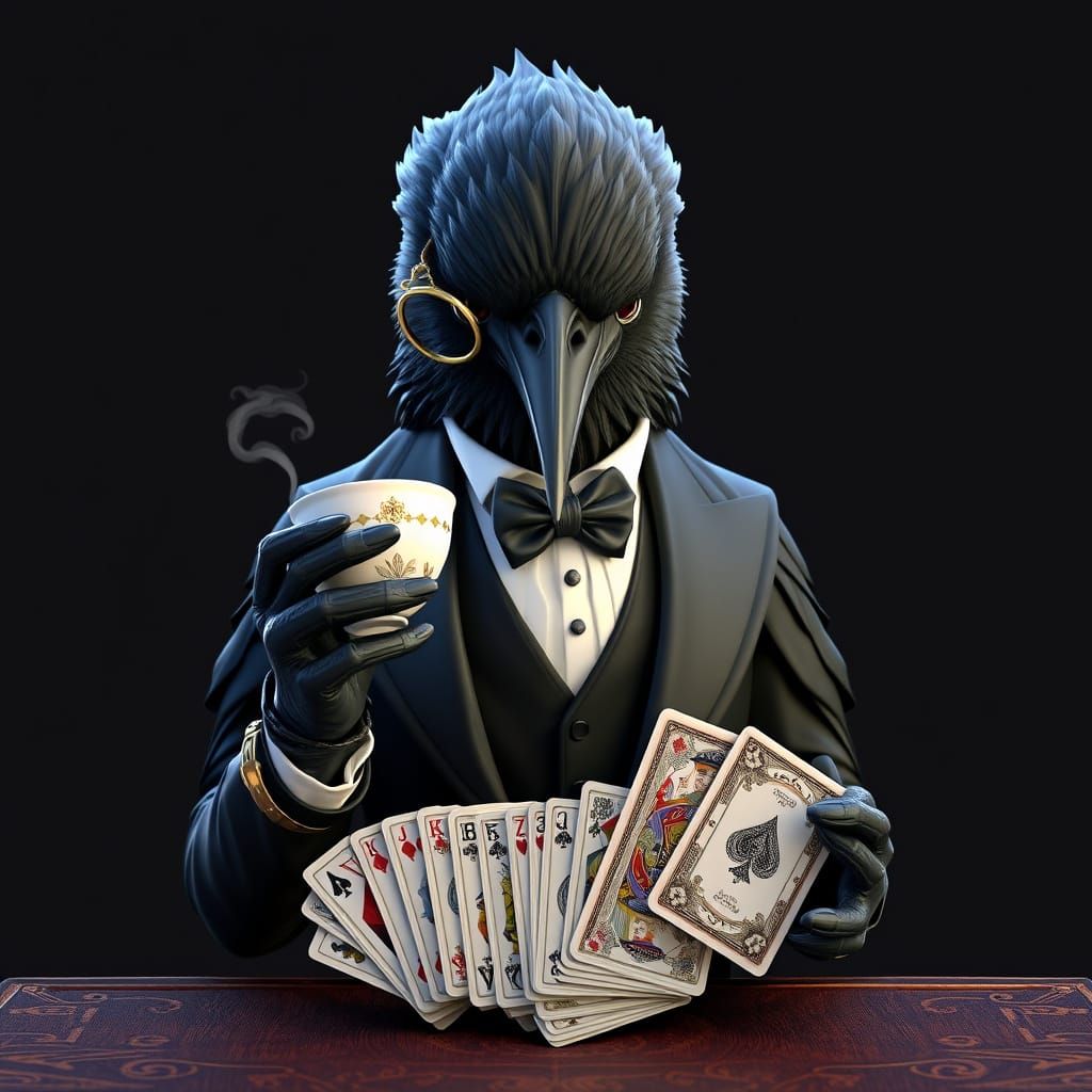 Elegantly Dressed Raven Sips Tea, Shuffles Cards in High-Fas...