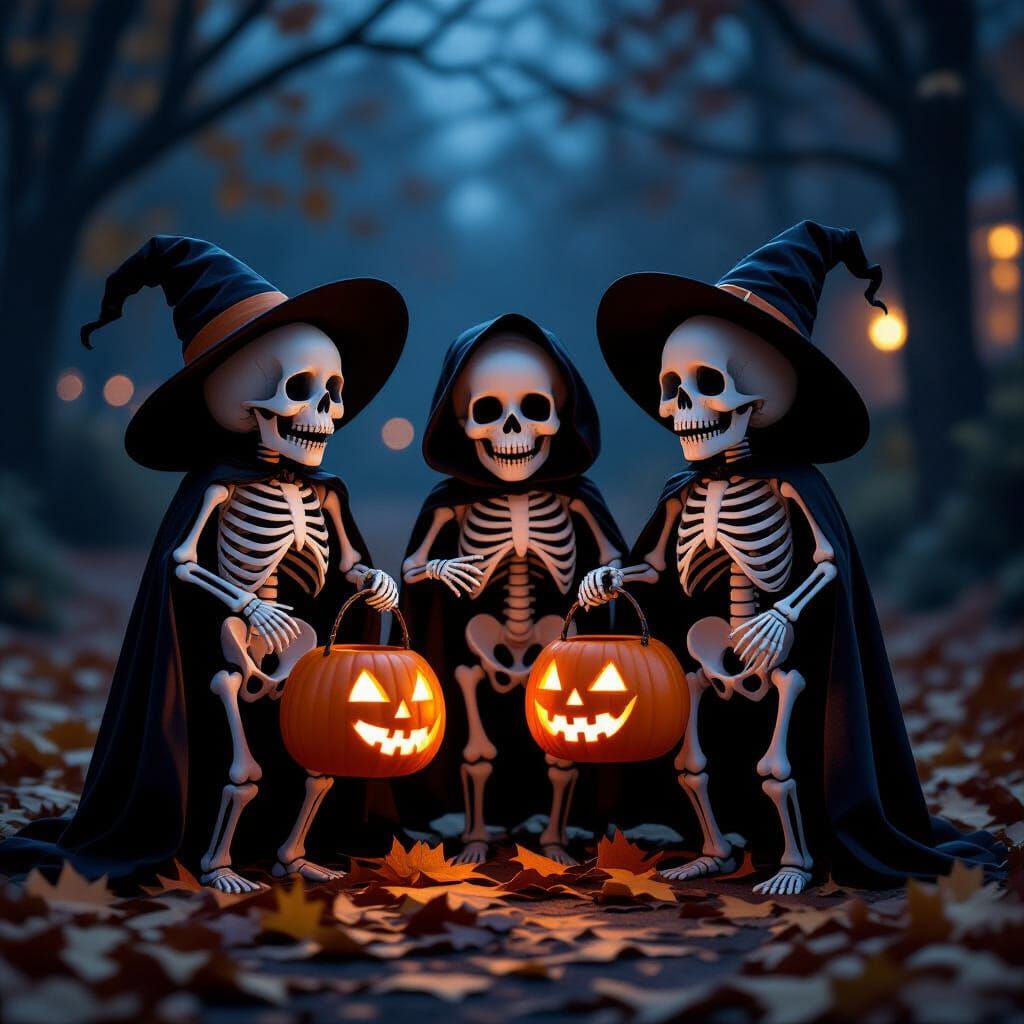 Adorable Skeletons Trick or Treating on Spooky Autumn Night