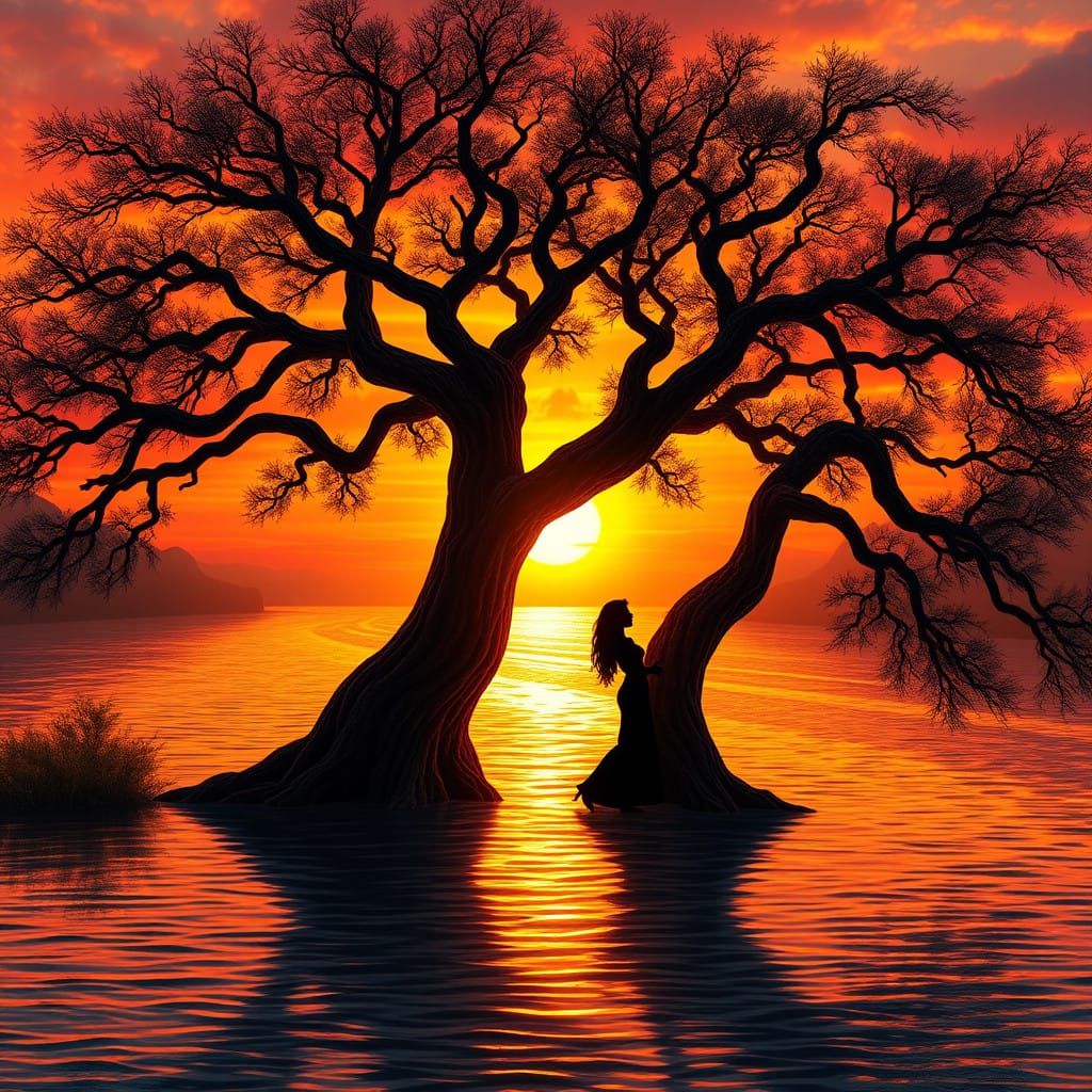 Trees Stand Sentinel by Serpentine River at Sunset