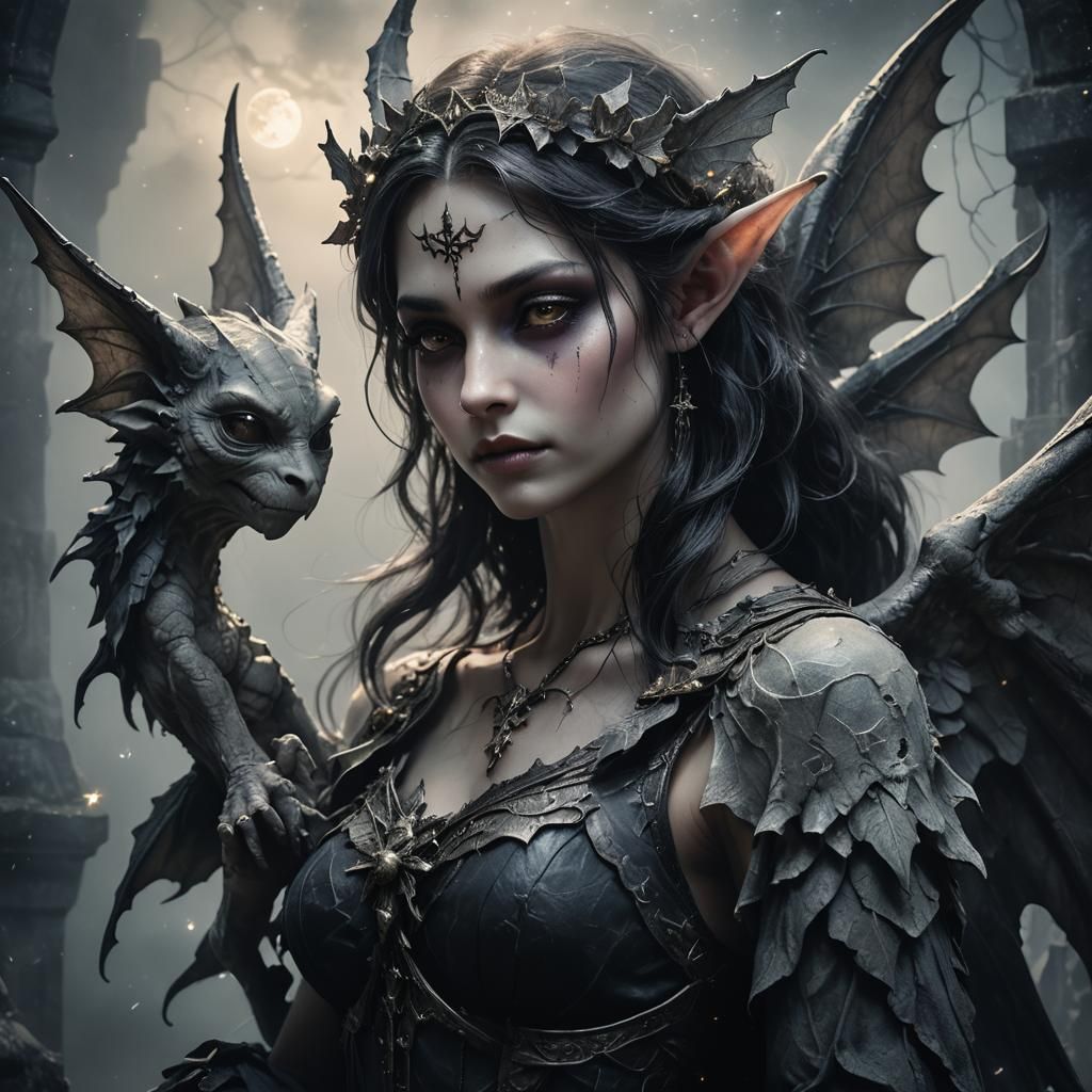 Gothic Fairy and Gargoyle Portrait in Dark Fantasy Style