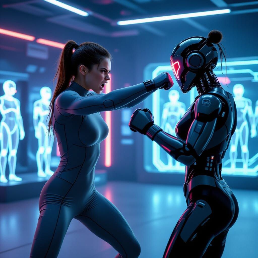 Futuristic Woman Punches Robot in Neon Dojo