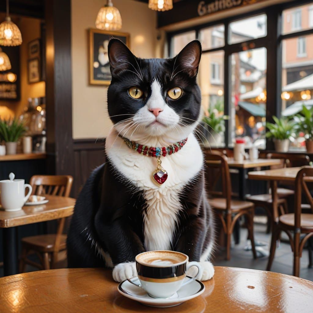 Tuxedo Cat Sips Coffee in Cozy Cafe