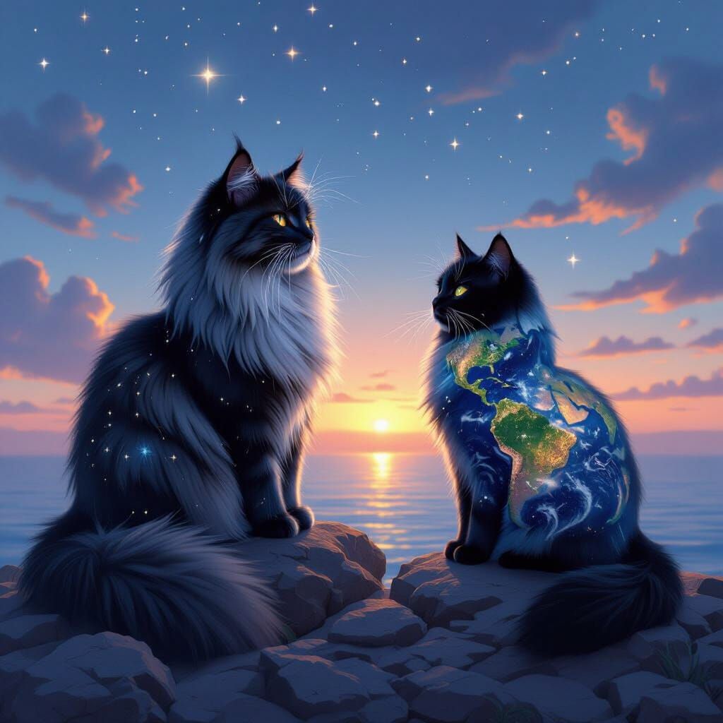 Cosmic Cats on Ocean Shore: Nebula and Earth Patterns