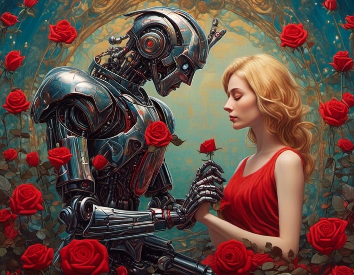 Robot Romance: Male Robot Courts Female with Rose