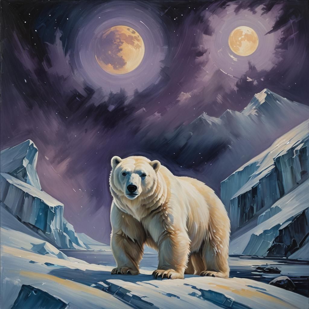 Dramatic Polar Bear in Moonlit Arctic Landscape