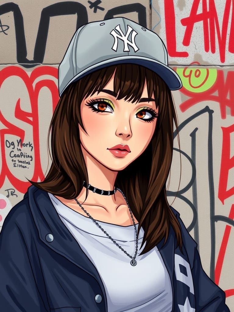 Female Rapper Illustration with Graffiti Background
