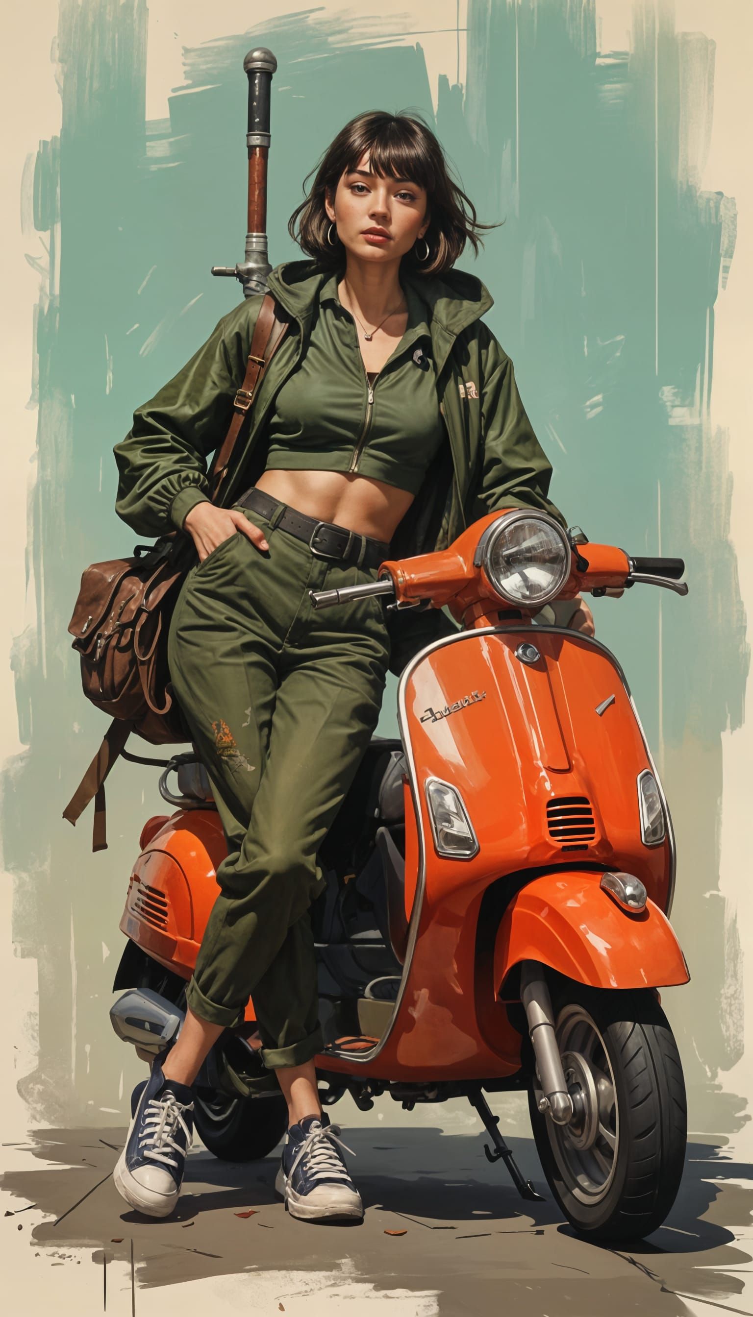 Futuristic Woman with Vespa Scooter in Action Movie Style