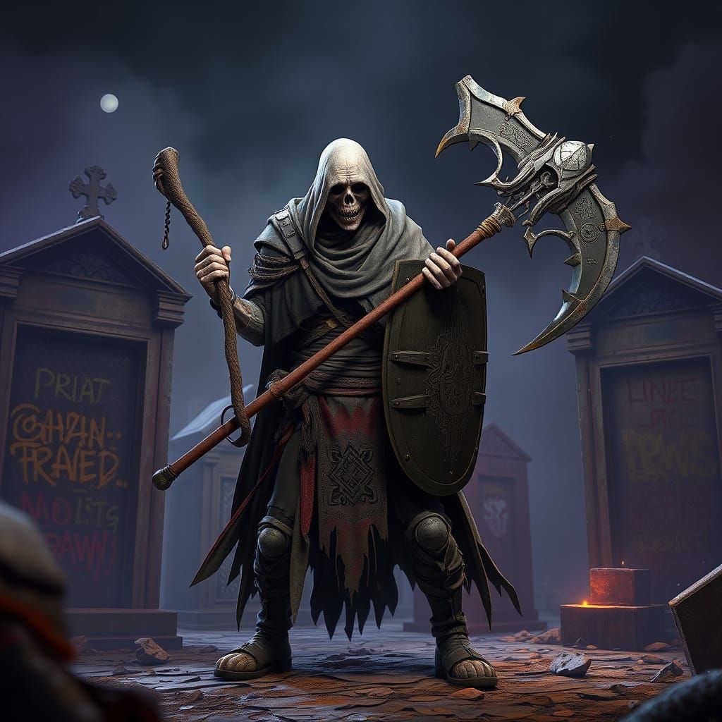 A gaunt figure with bone-white skin and a jagged scar running from temple to chin slinks through the ruins of a graffiti...