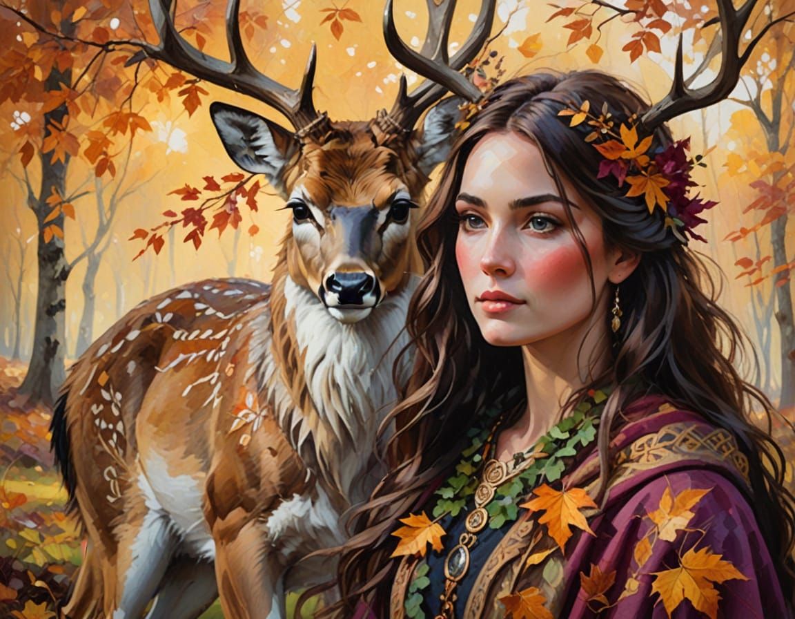 Celtic Goddess Flidais in Vibrant Autumn Landscape