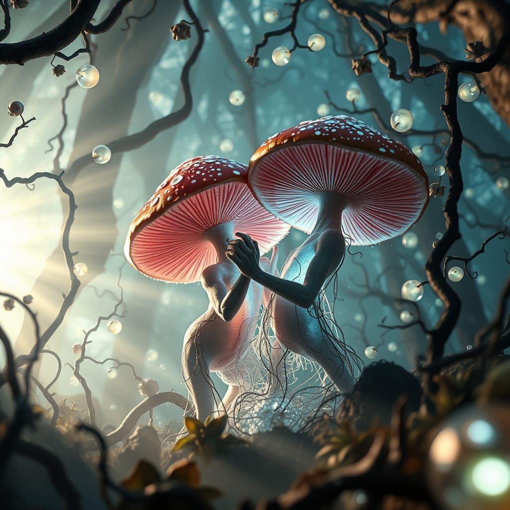 Ethereal Mushrooms Engage in Cosmic Dance Amidst Shattered M...
