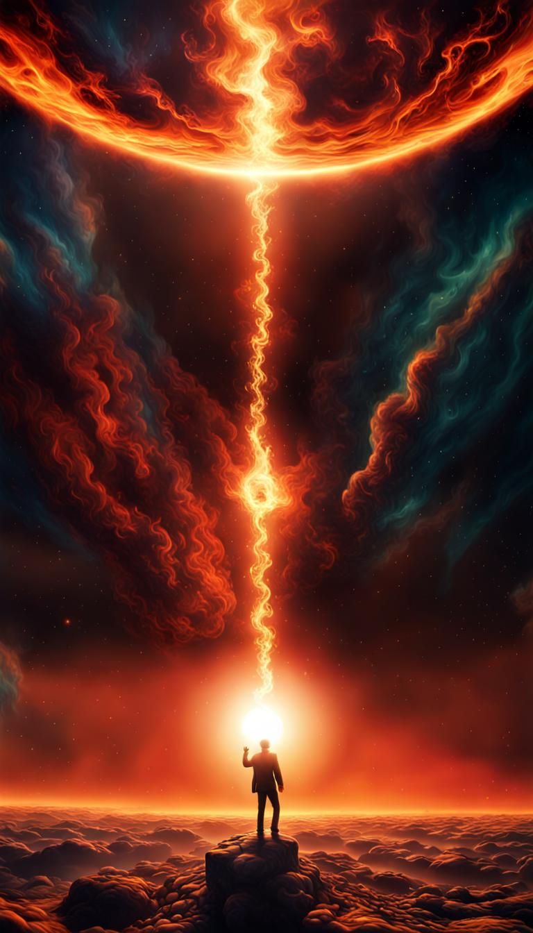 Man Floats Towards Fiery Sun in Digital Art