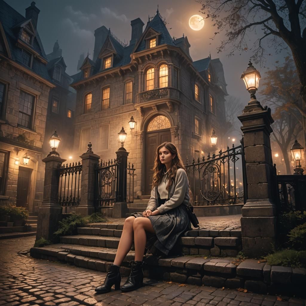 Ethereal Victorian Night: Girl on Misty Steps
