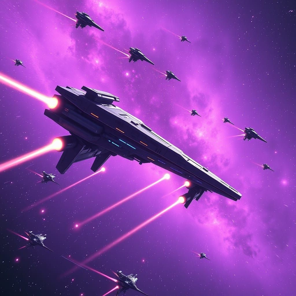 Massive Space Battle in Violet Galaxy, Cyberpunk Style