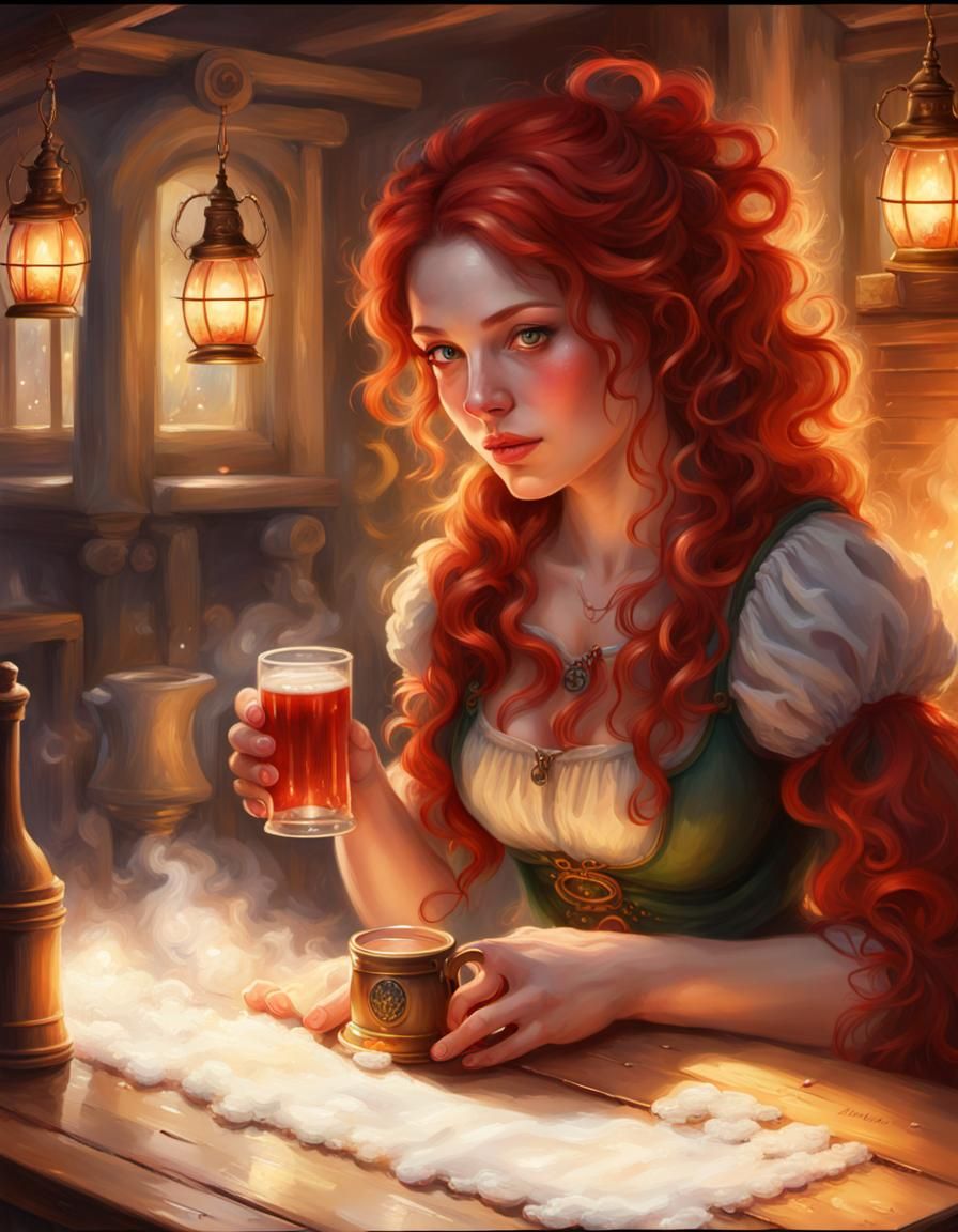 Fantasy Tavern Scene with Serving Wench in Ethereal Style