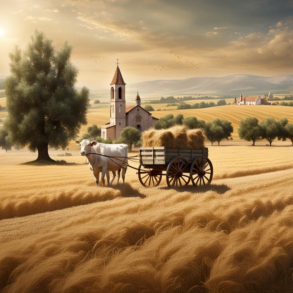 Oxen Pull Hay Wagon Through Wheat Fields