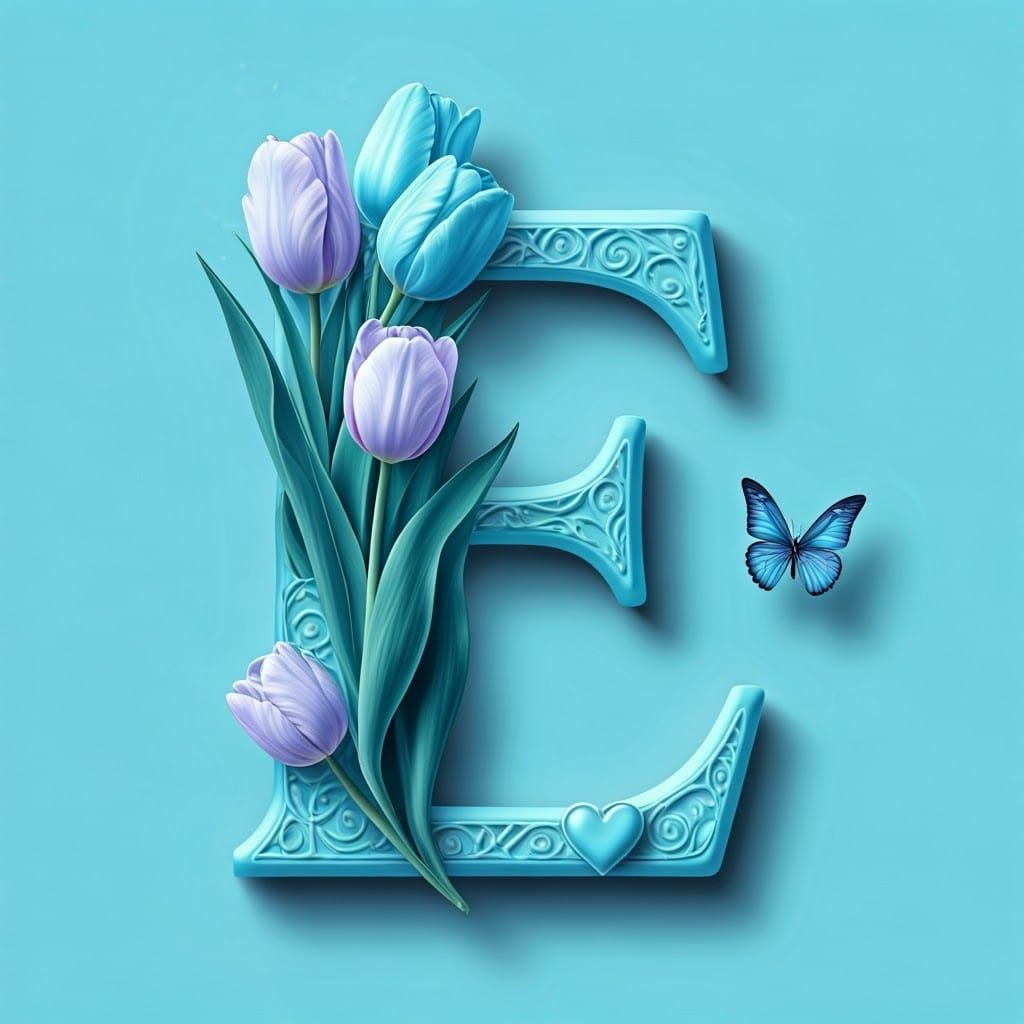 Elegant Blue 3D Letter Decorated with Pastel Tulips, Butterf...