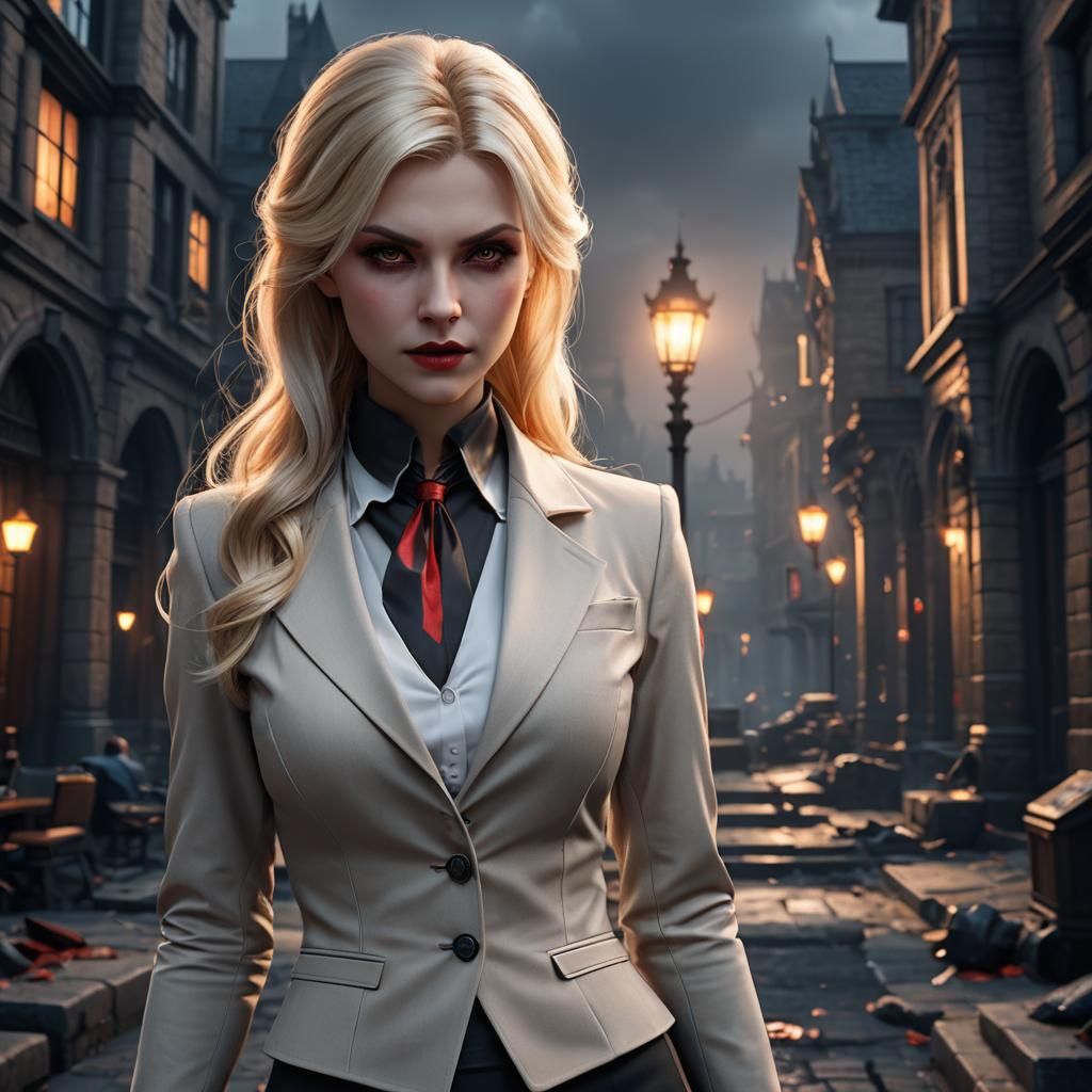 Blonde Vampire in Business Attire: 3D Game Cinematic
