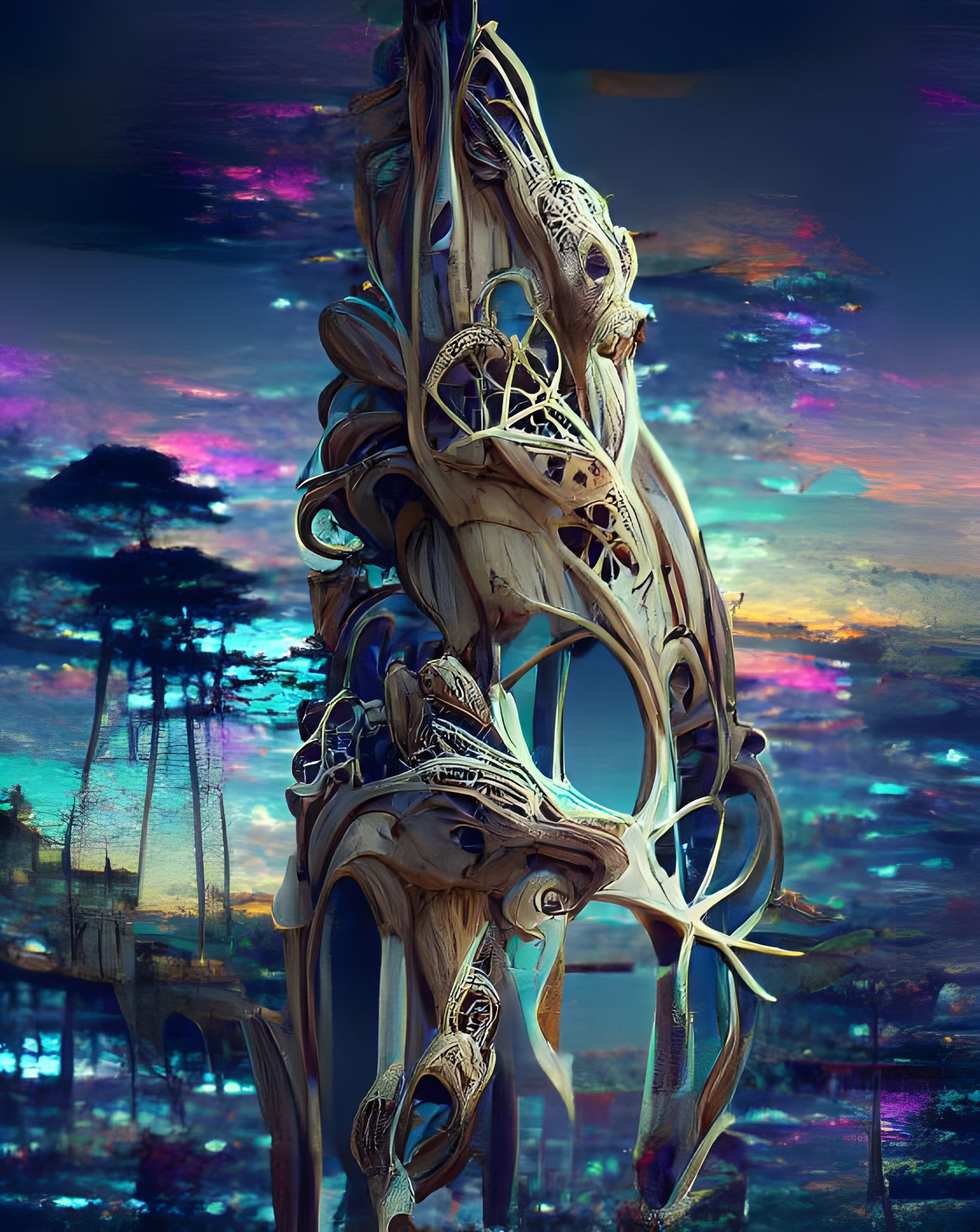 Art Nouveau Sci-Fi Driftwood Architecture in Twilight