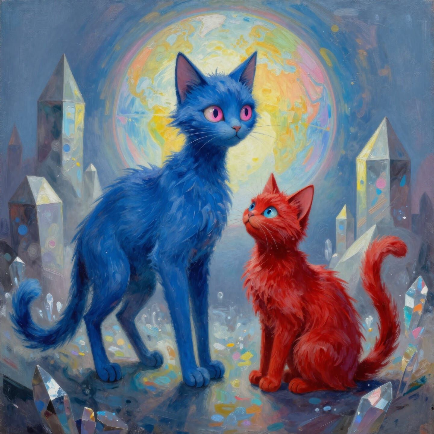 Gothic Cats in Surreal Landscape Painting