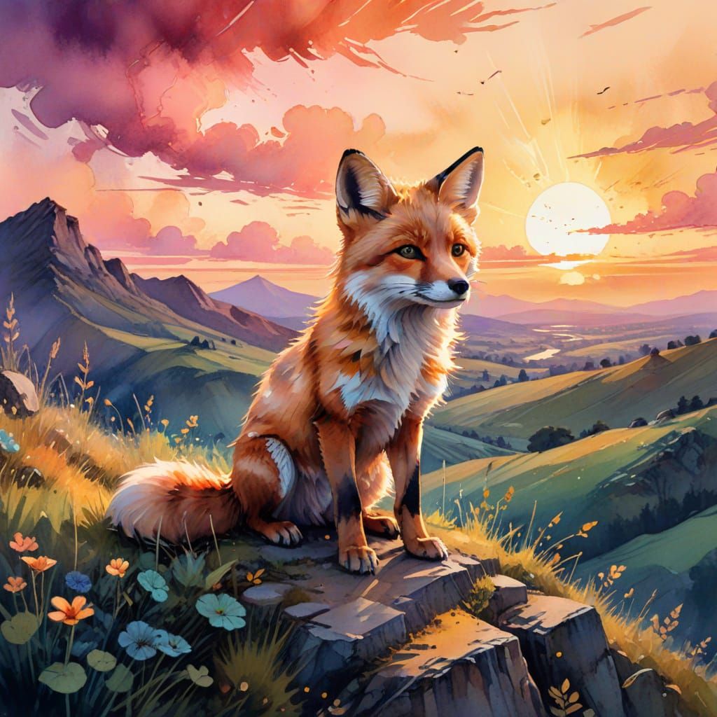 Baby Fox Sees Fantastical Sunset in Vibrant Watercolour