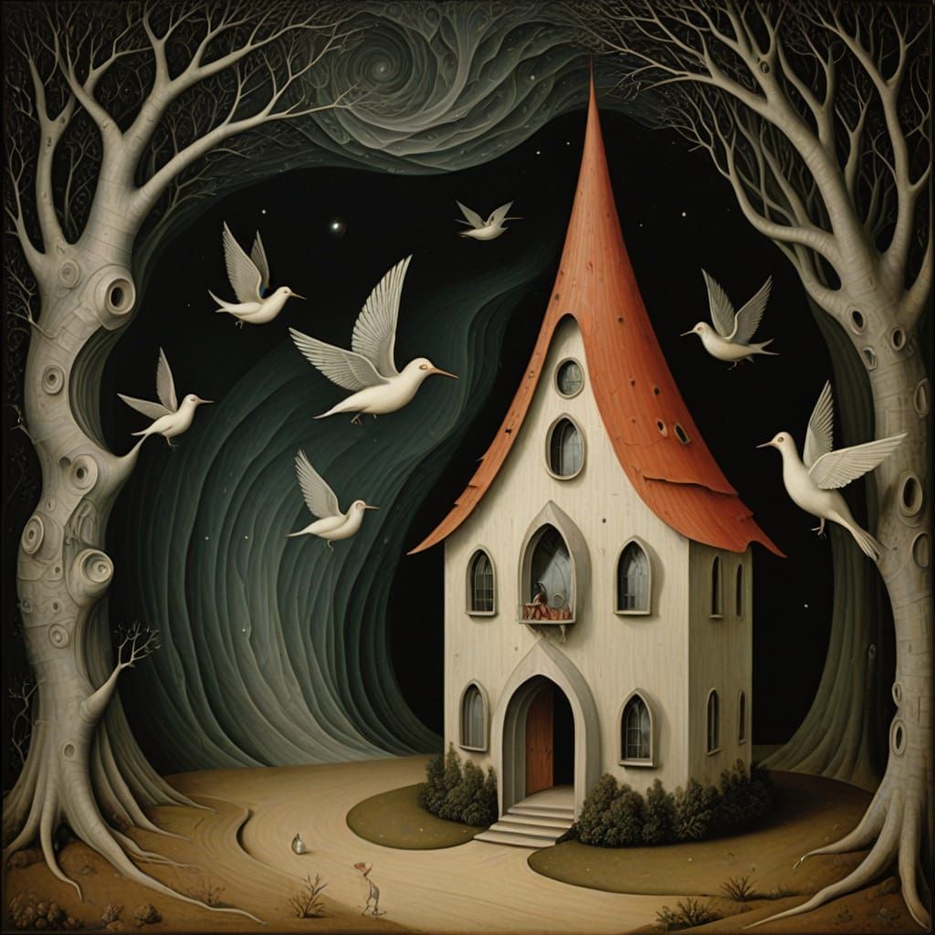 Lonely Bird and Lissajous House, in Surreal Style