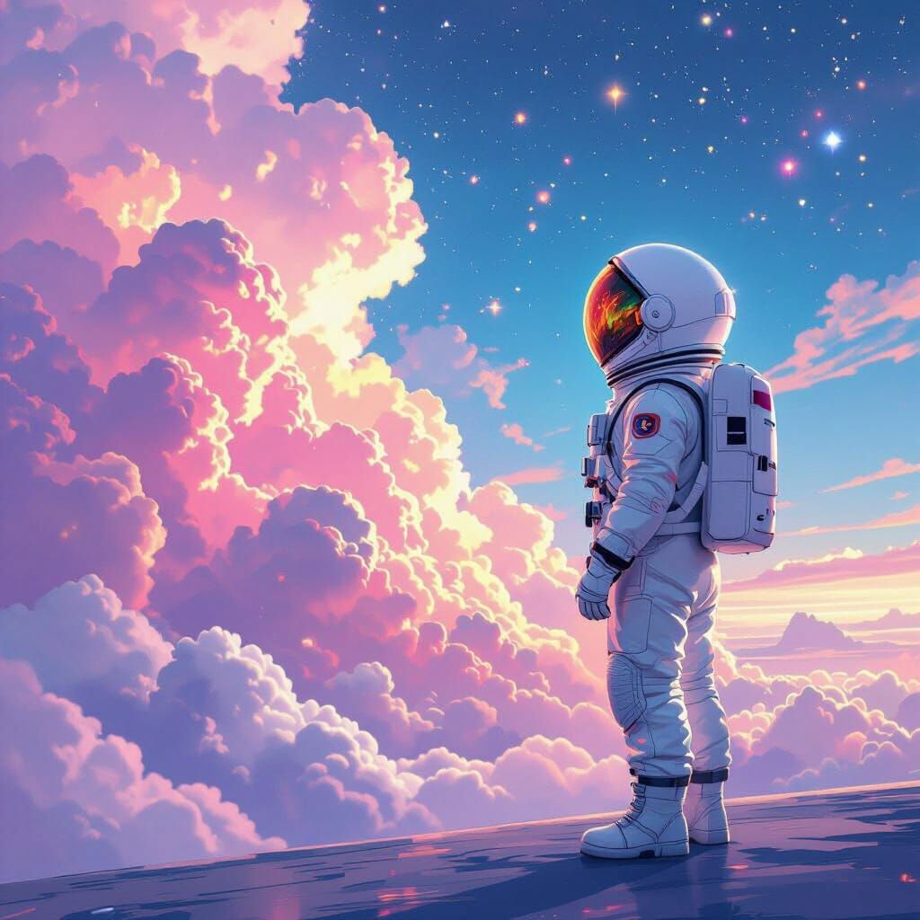Astronaut Gazing at Iridescent Nebula, Digital Art