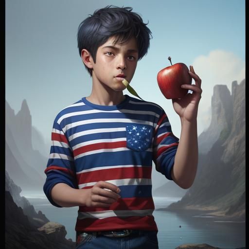 Boy Eating Apple: Detailed Fantasy Concept Art