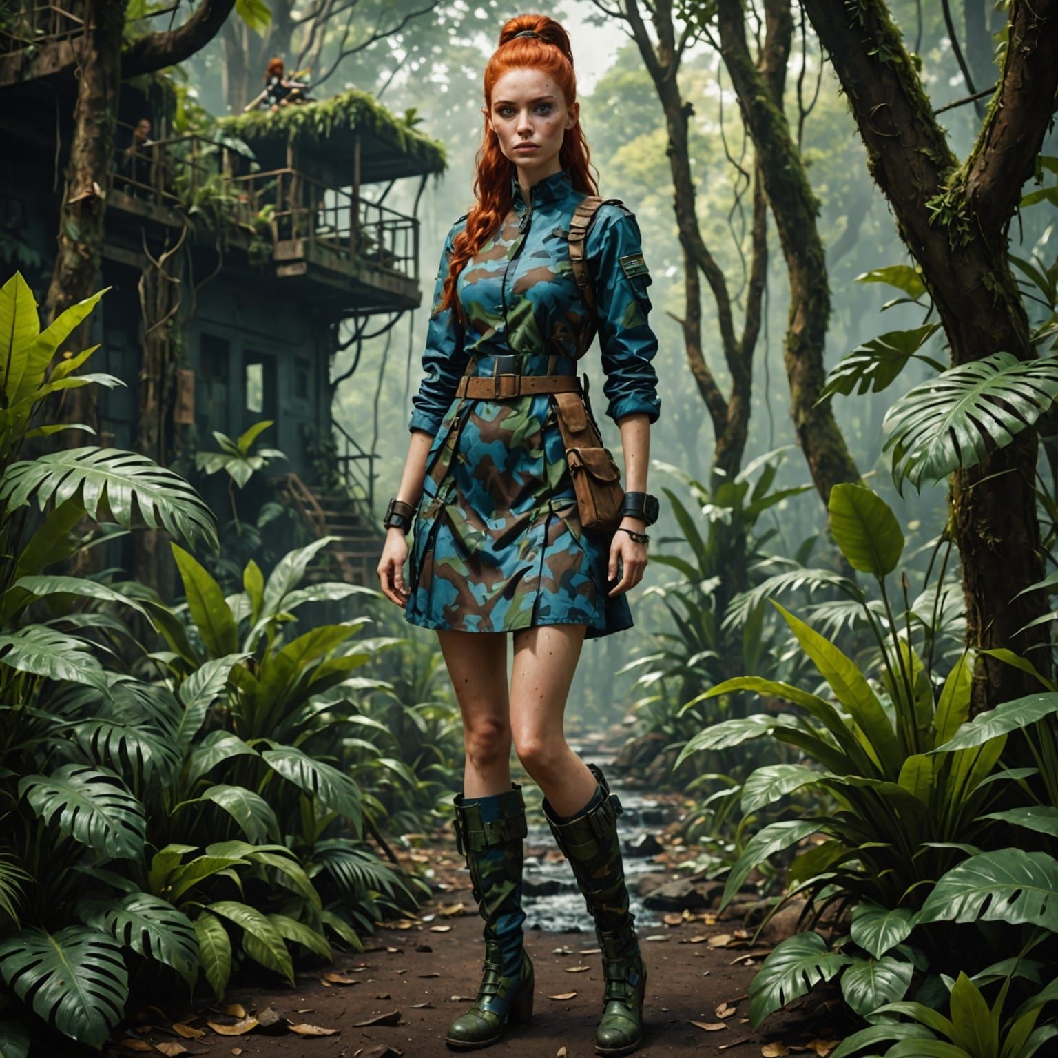 Camouflage Fashion in Dense Jungle, Detailed Matte Painting
