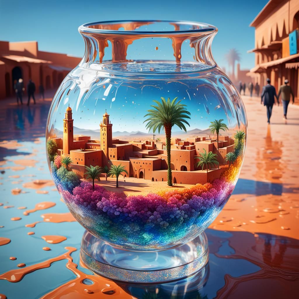 Marrakech in a Bottle: Hyperrealistic Splash Art