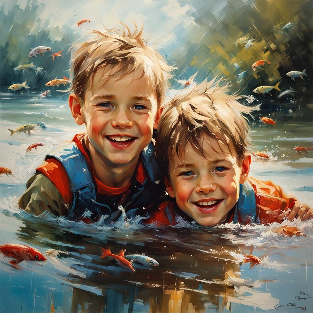 Happy Brothers Swimming in River, Oil on Canvas
