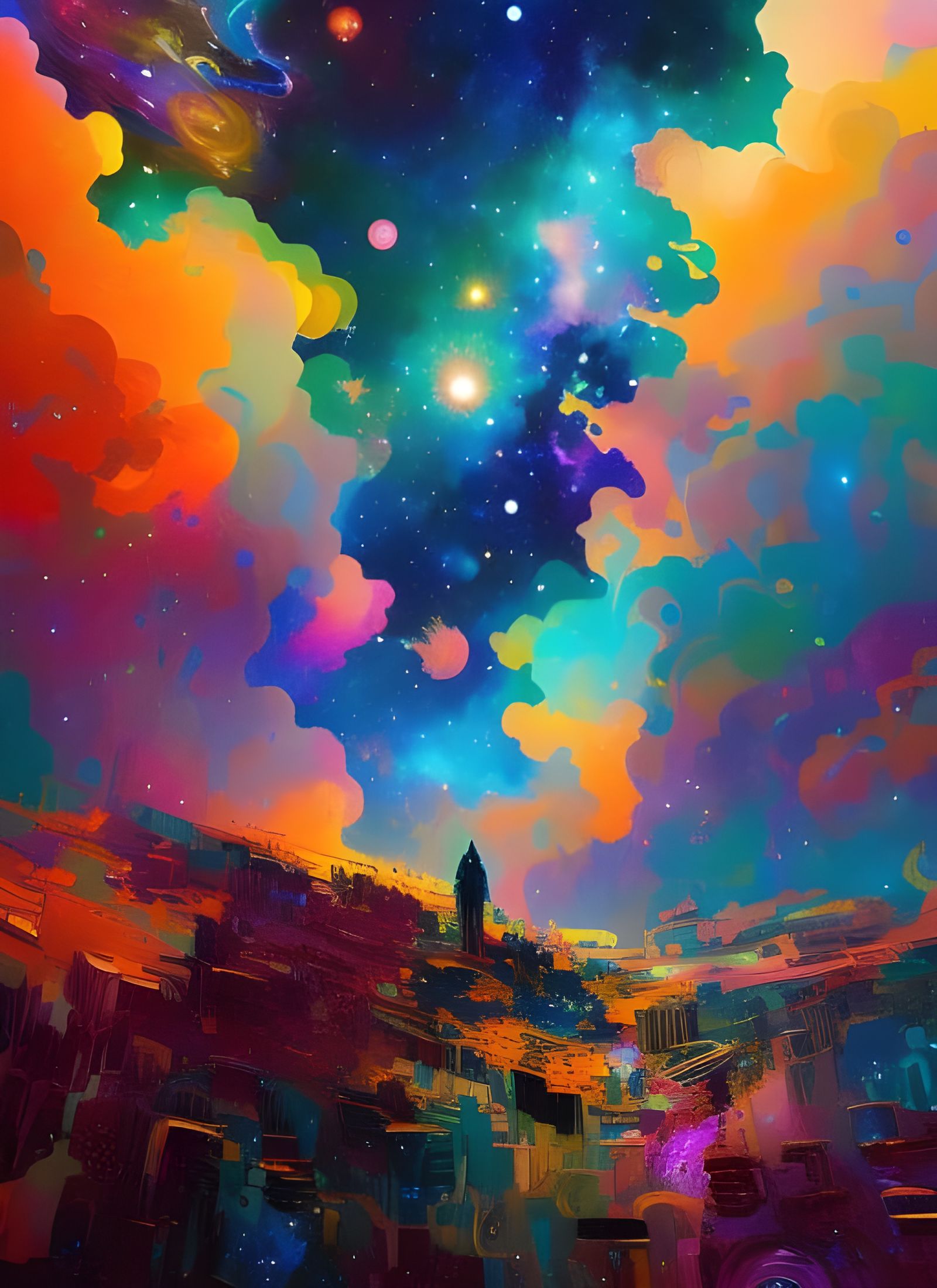 Graffiti Galaxy with Stars and Planets